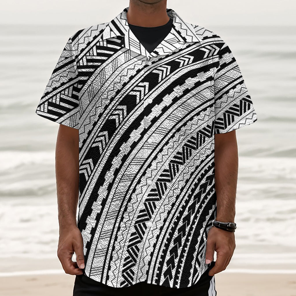 Black And White Maori Polynesian Print Textured Short Sleeve Shirt