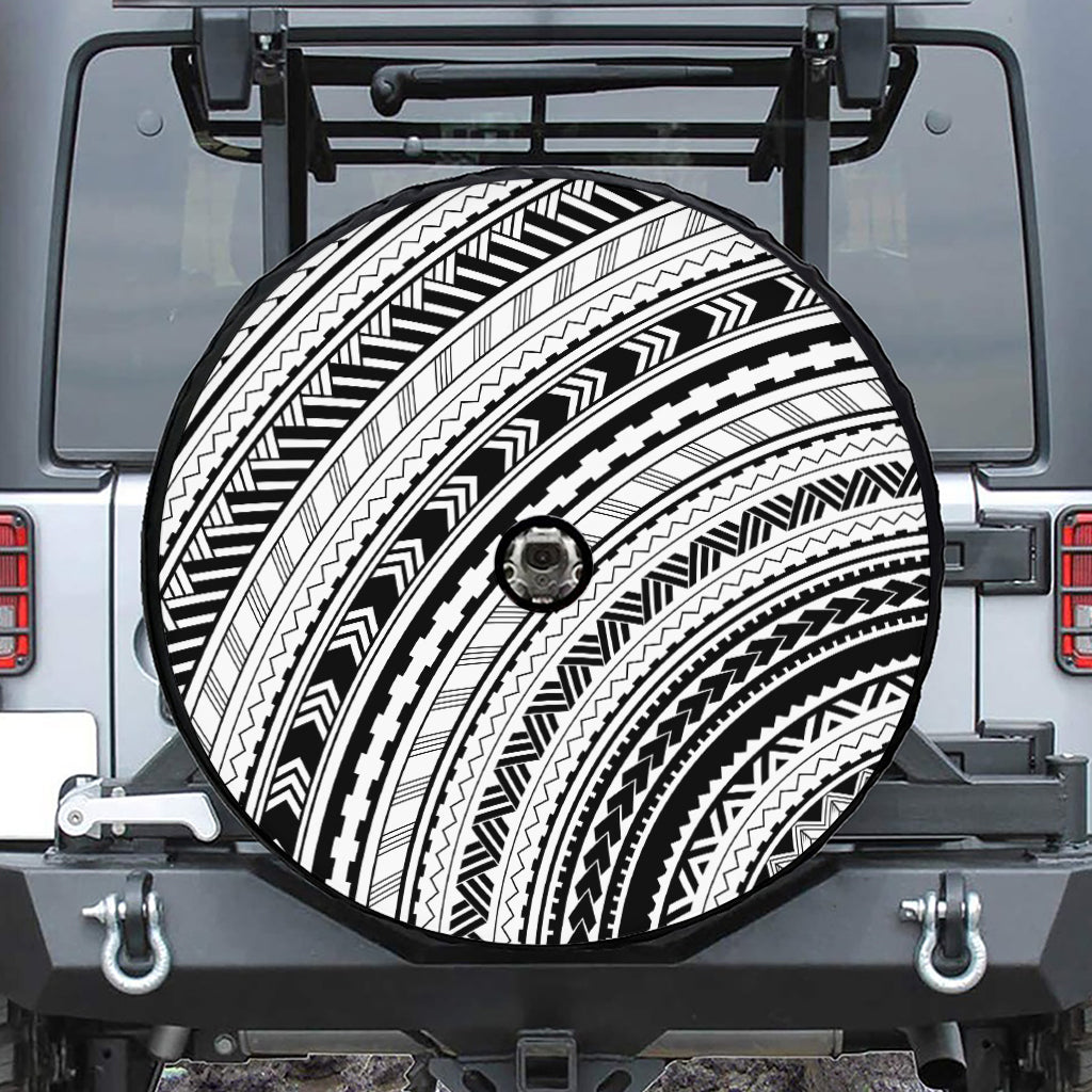 Black And White Maori Polynesian Print Tire Cover With Camera Hole