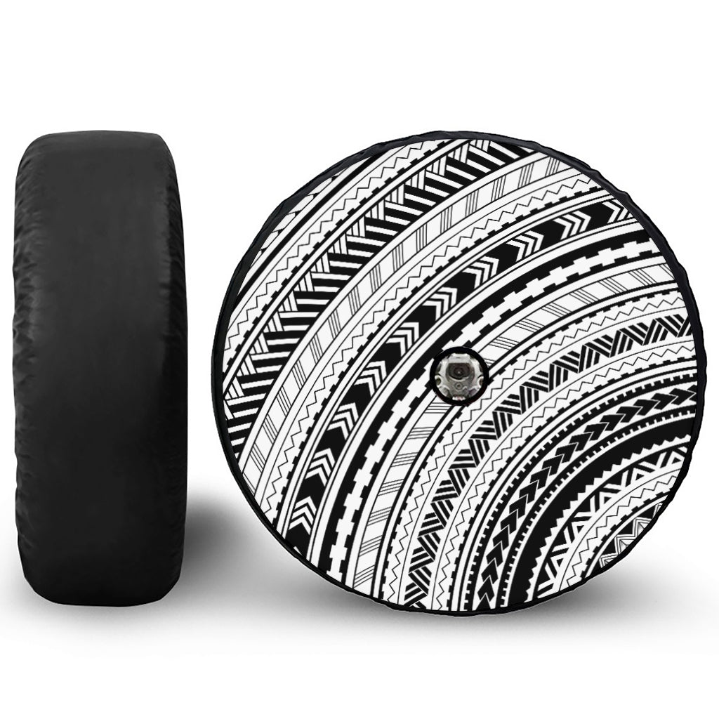 Black And White Maori Polynesian Print Tire Cover With Camera Hole