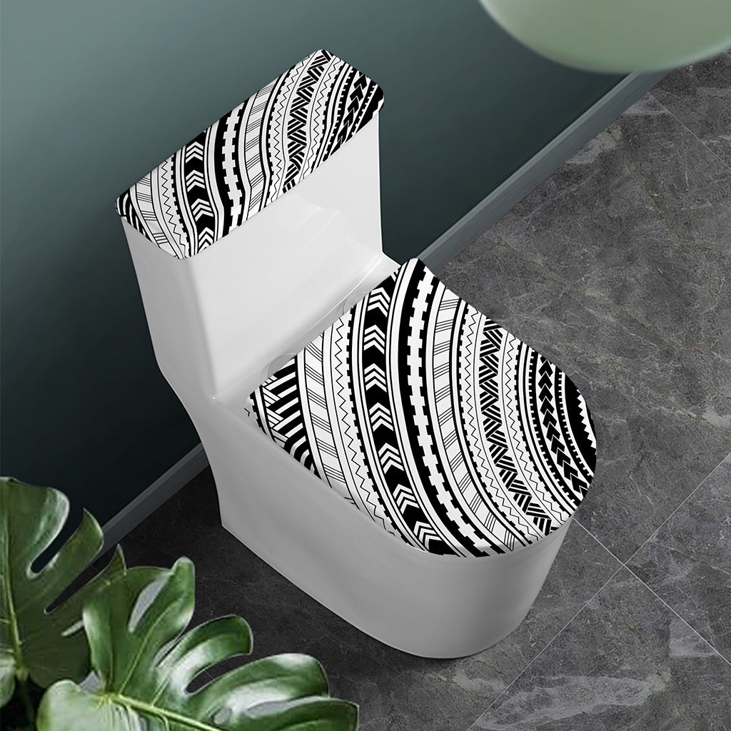Black And White Maori Polynesian Print Toilet Lid And Tank Cover Set
