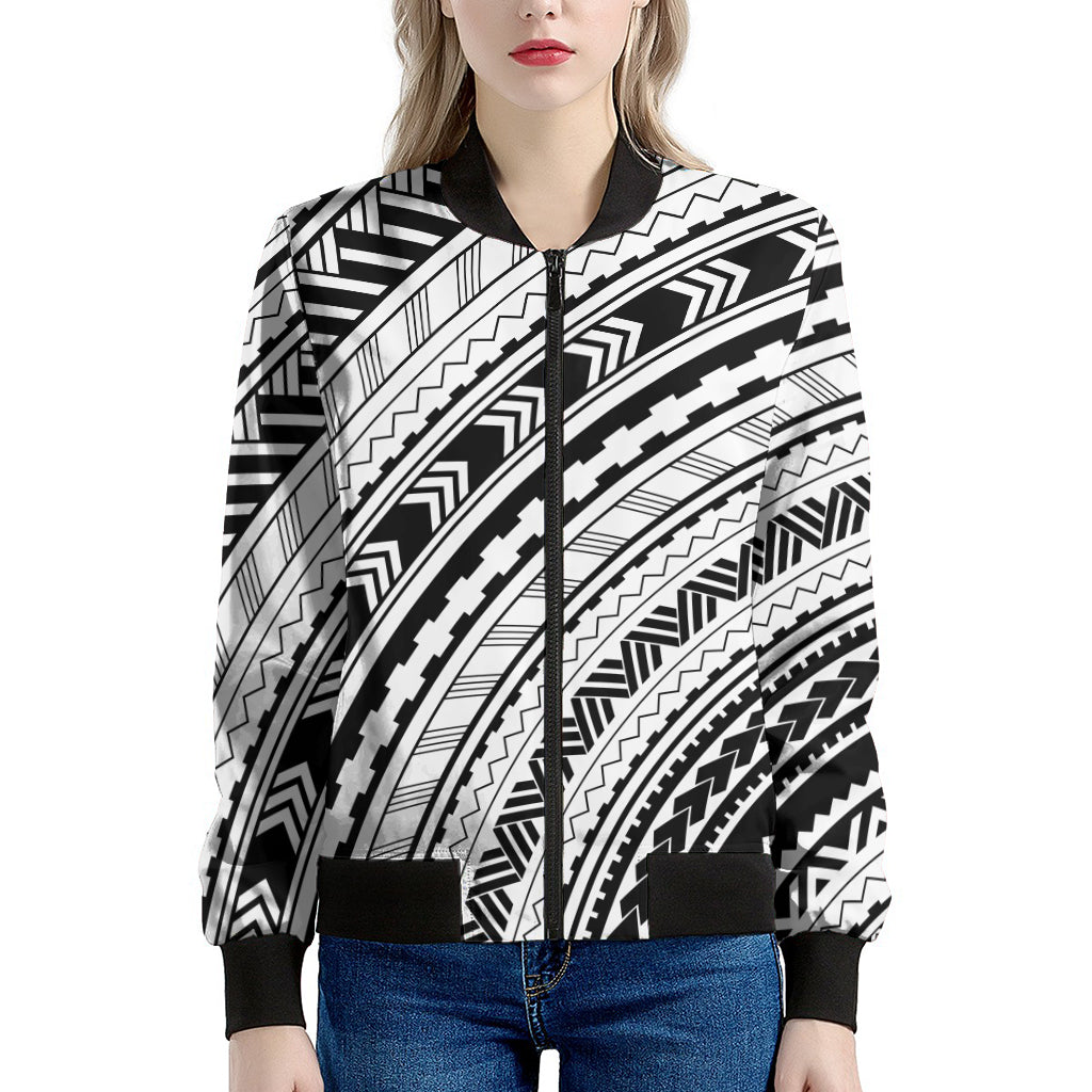 Black And White Maori Polynesian Print Women's Bomber Jacket