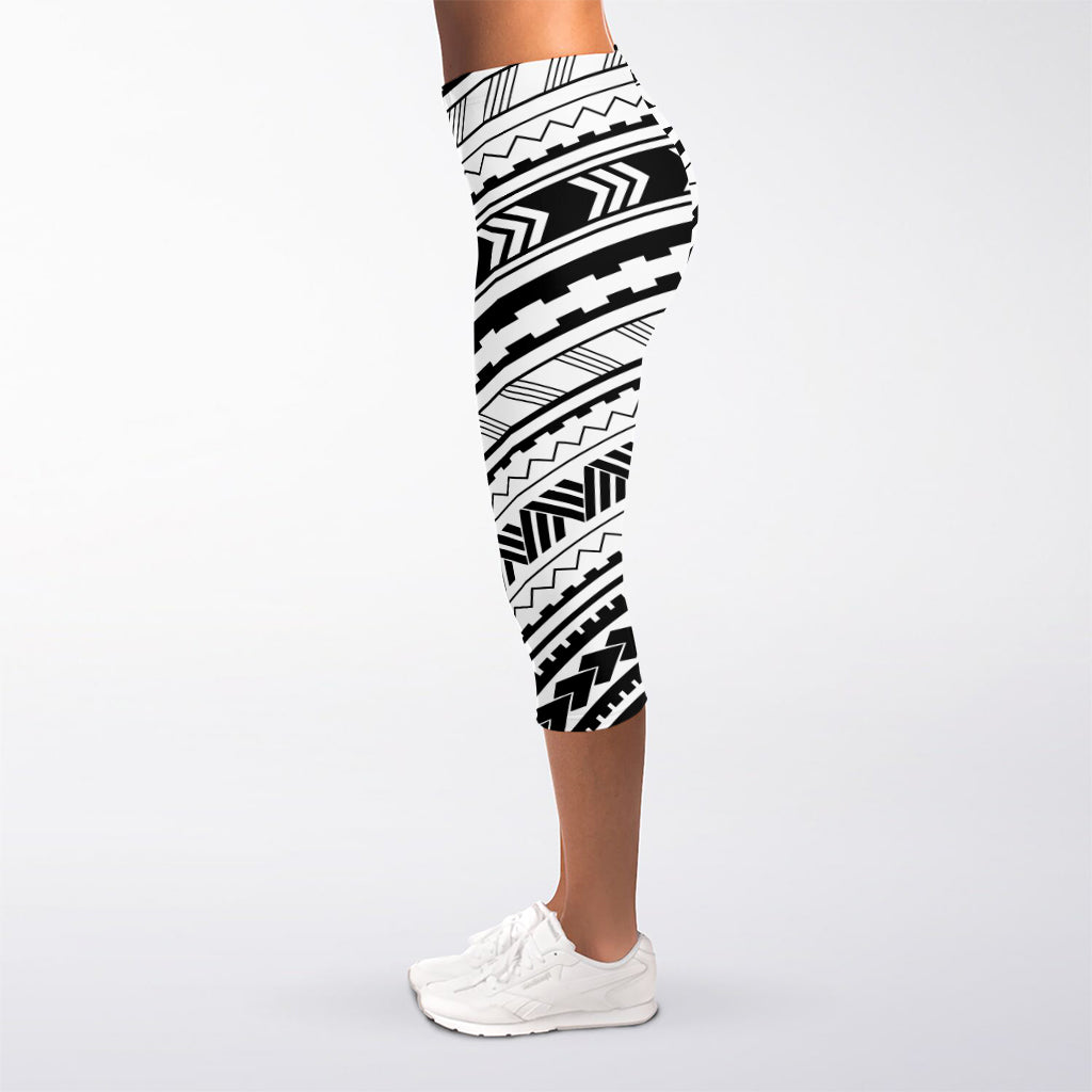 Black And White Maori Polynesian Print Women's Capri Leggings