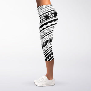 Black And White Maori Polynesian Print Women's Capri Leggings