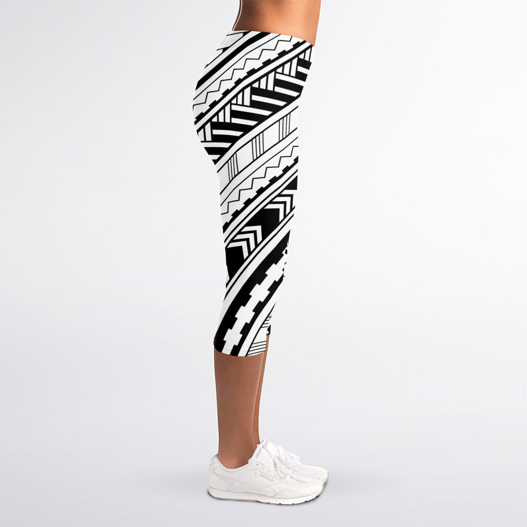 Black And White Maori Polynesian Print Women's Capri Leggings