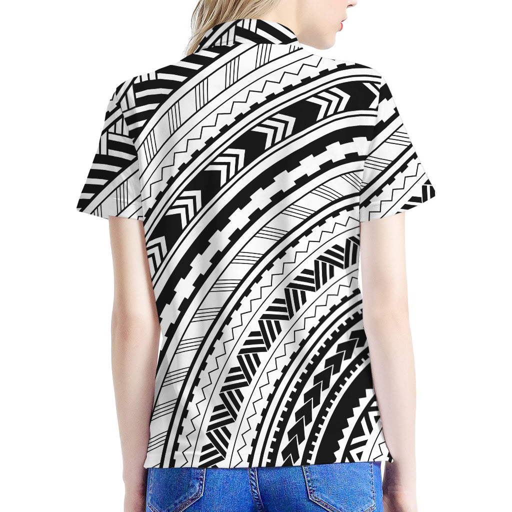 Black And White Maori Polynesian Print Women's Polo Shirt