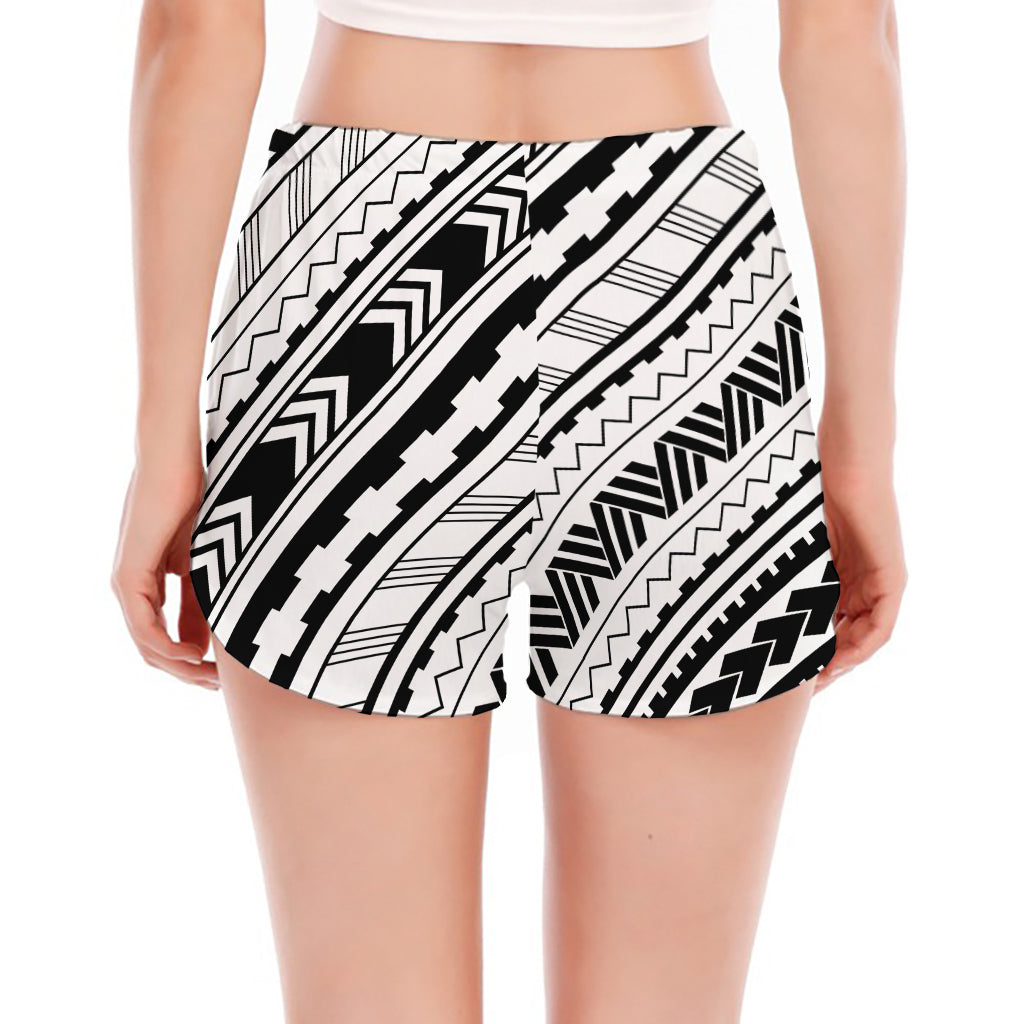 Black And White Maori Polynesian Print Women's Split Running Shorts