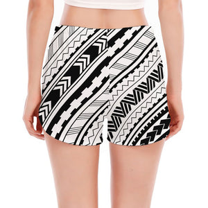 Black And White Maori Polynesian Print Women's Split Running Shorts