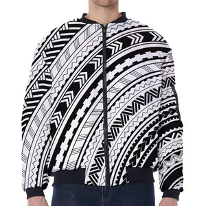 Black And White Maori Polynesian Print Zip Sleeve Bomber Jacket