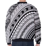 Black And White Maori Polynesian Print Zip Sleeve Bomber Jacket