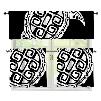 Black And White Maori Sea Turtle Print 3 Piece Kitchen Curtains