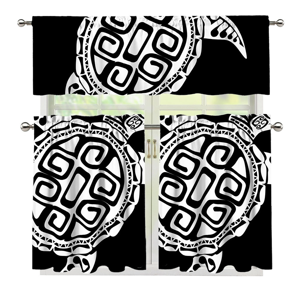Black And White Maori Sea Turtle Print 3 Piece Kitchen Curtains