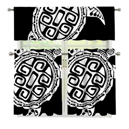 Black And White Maori Sea Turtle Print 3 Piece Kitchen Curtains