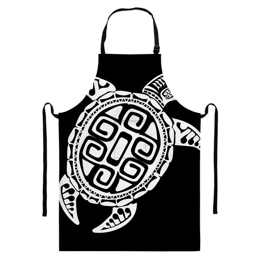 Black And White Maori Sea Turtle Print Bib Apron With Pocket