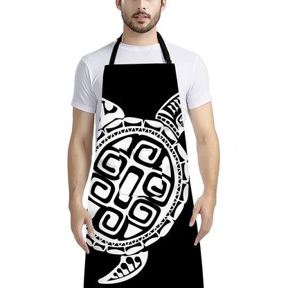 Black And White Maori Sea Turtle Print Bib Apron With Pocket