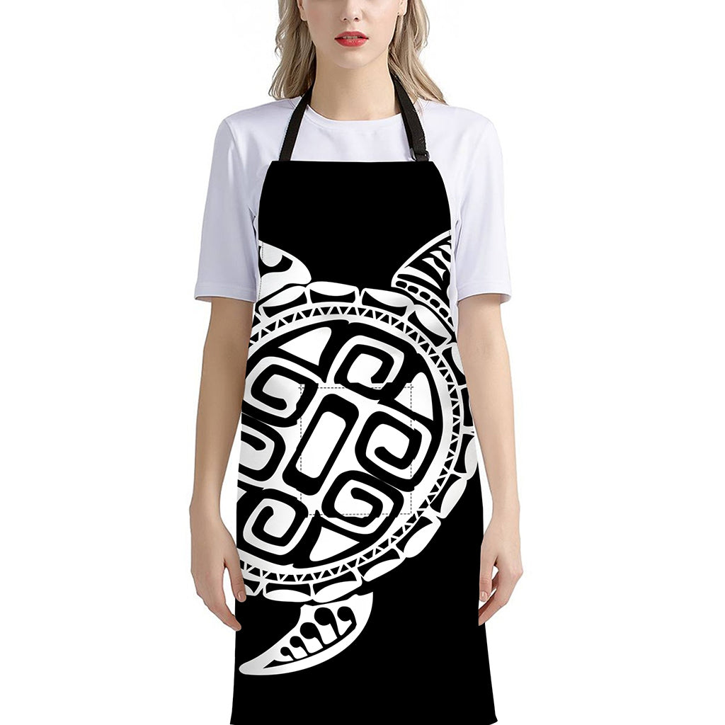 Black And White Maori Sea Turtle Print Bib Apron With Pocket