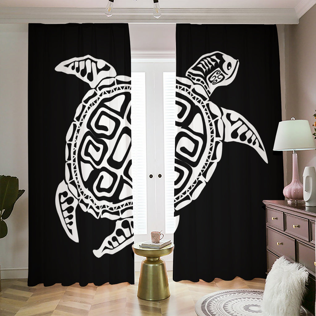 Black And White Maori Sea Turtle Print Blackout Pencil Pleat Curtains