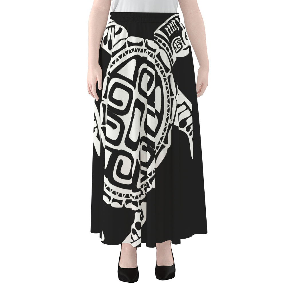 Black And White Maori Sea Turtle Print Chiffon Maxi Skirt