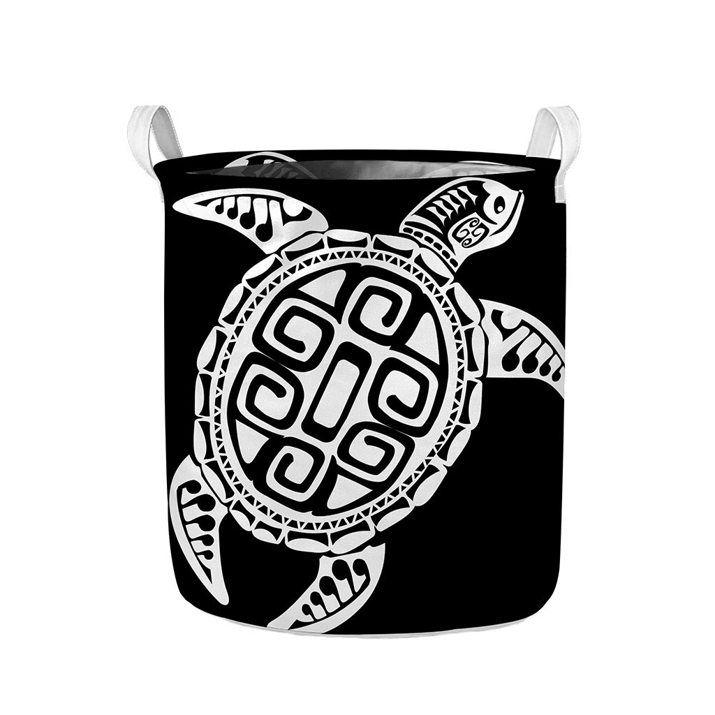 Black And White Maori Sea Turtle Print Collapsible Laundry Basket
