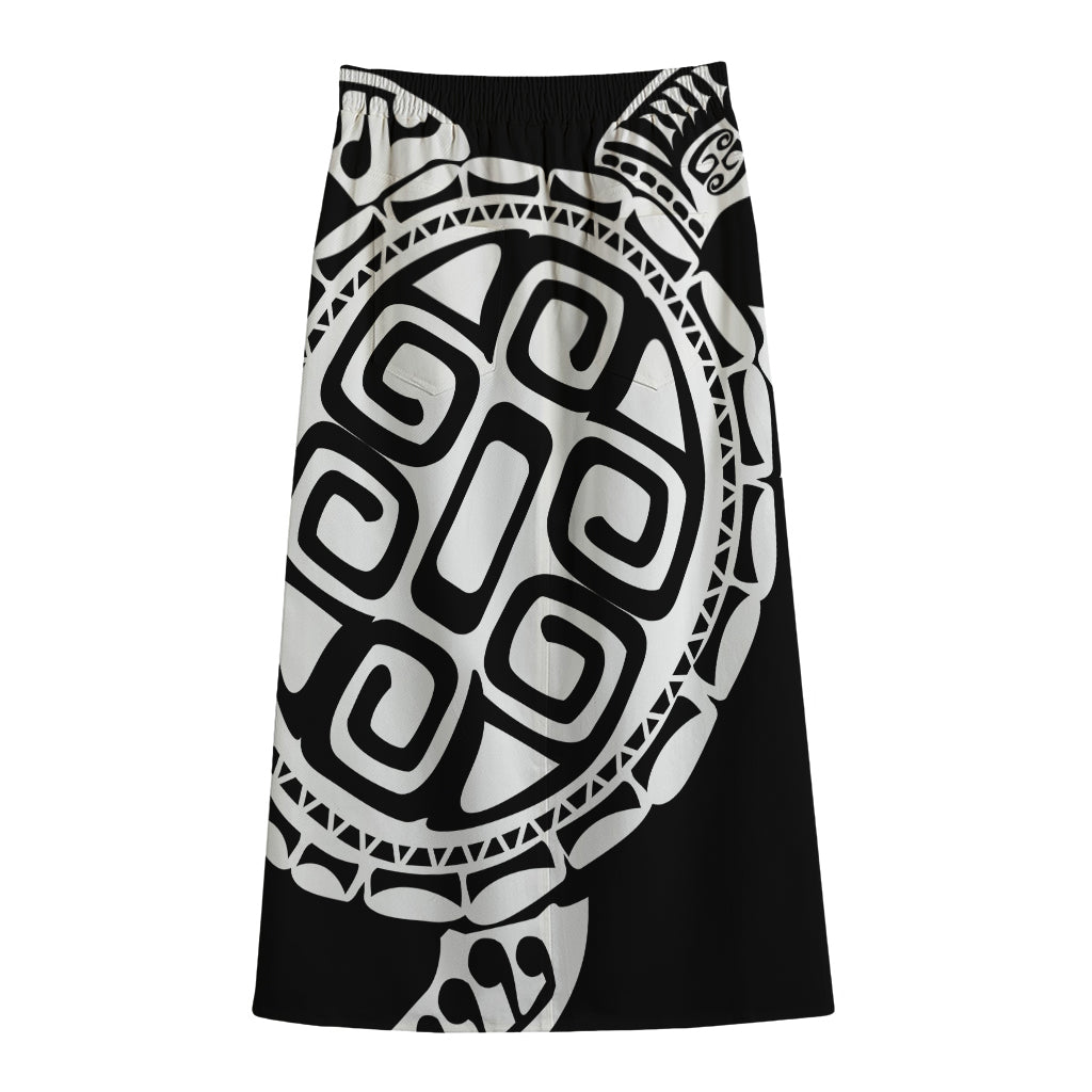 Black And White Maori Sea Turtle Print Cotton Front Slit Maxi Skirt