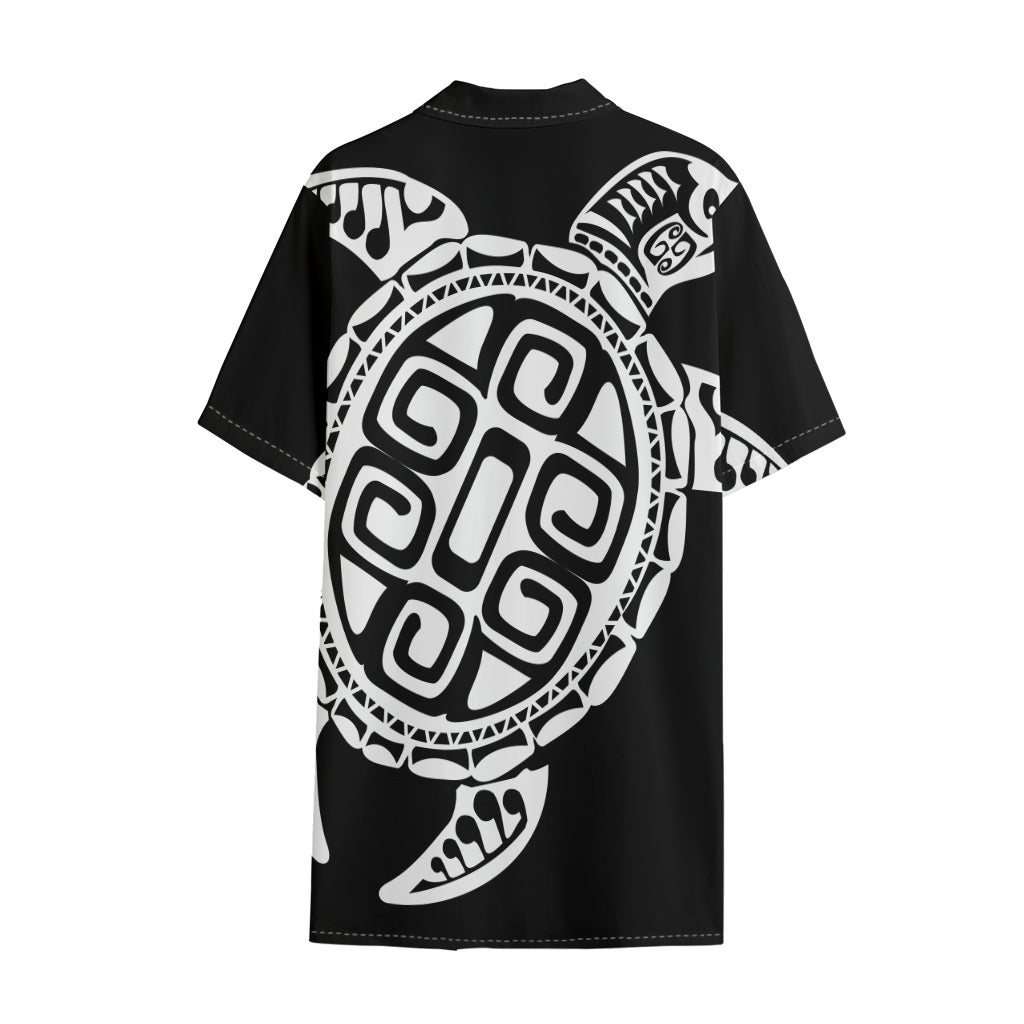 Black And White Maori Sea Turtle Print Cotton Hawaiian Shirt