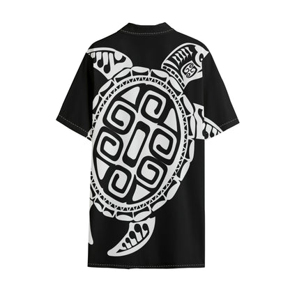 Black And White Maori Sea Turtle Print Cotton Hawaiian Shirt