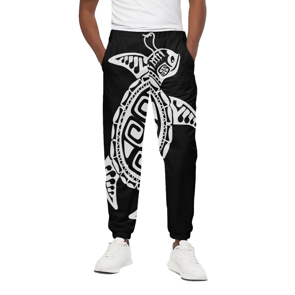 Black And White Maori Sea Turtle Print Cotton Pants