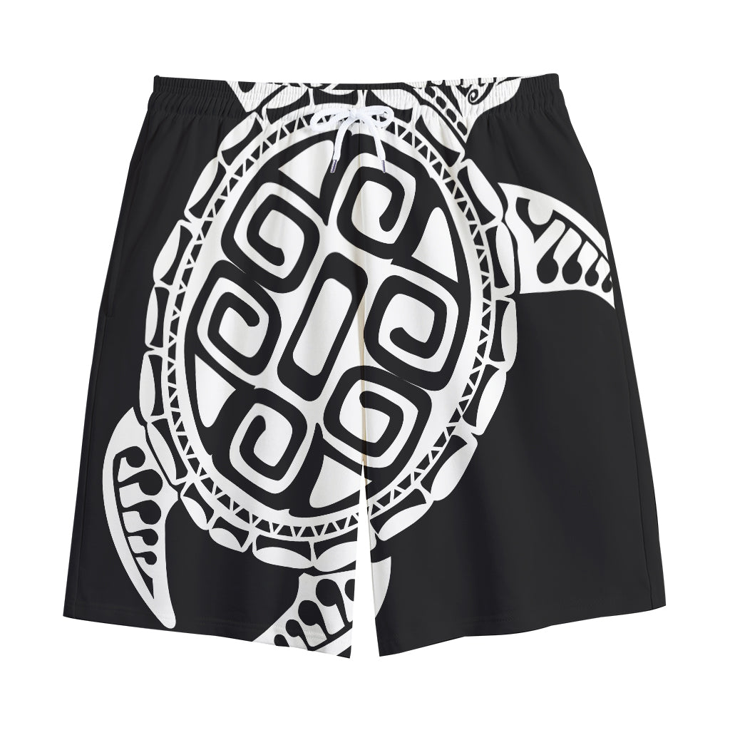 Black And White Maori Sea Turtle Print Cotton Shorts