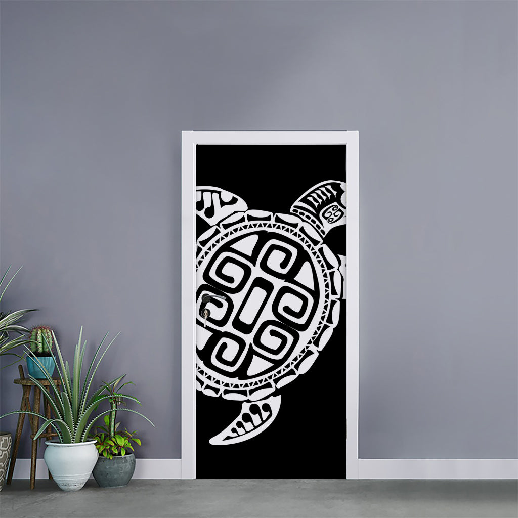 Black And White Maori Sea Turtle Print Door Sticker