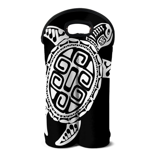 Black And White Maori Sea Turtle Print Double Neoprene Wine Tote