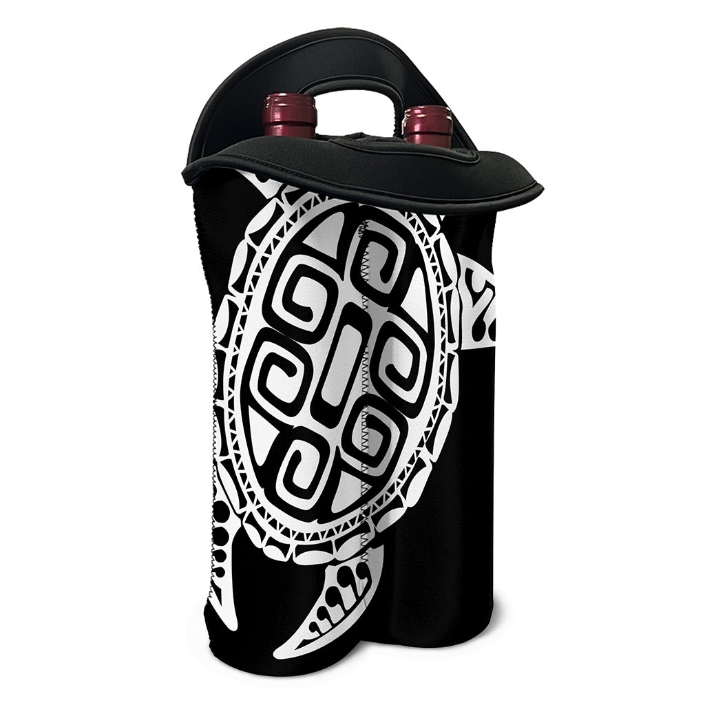 Black And White Maori Sea Turtle Print Double Neoprene Wine Tote