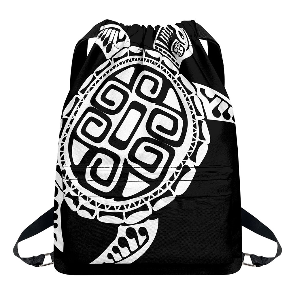 Black And White Maori Sea Turtle Print Drawstring Backpack