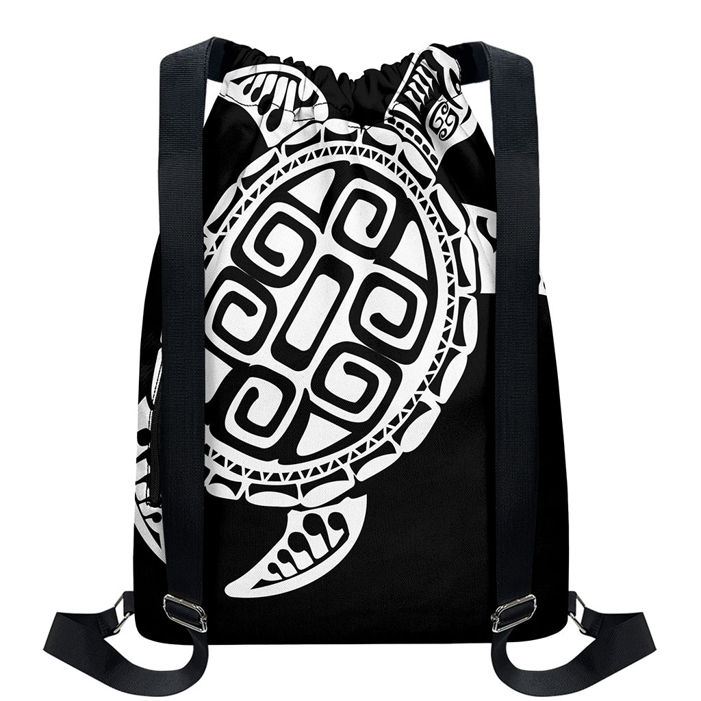 Black And White Maori Sea Turtle Print Drawstring Backpack