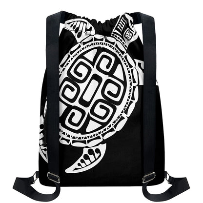 Black And White Maori Sea Turtle Print Drawstring Backpack