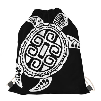 Black And White Maori Sea Turtle Print Drawstring Bag