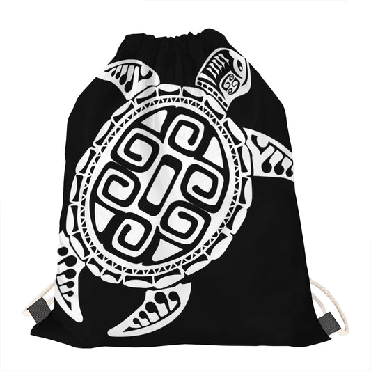 Black And White Maori Sea Turtle Print Drawstring Bag