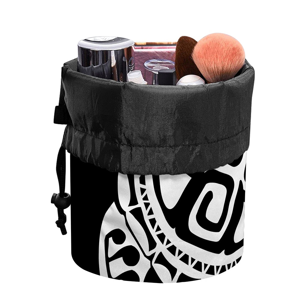 Black And White Maori Sea Turtle Print Drawstring Makeup Bag