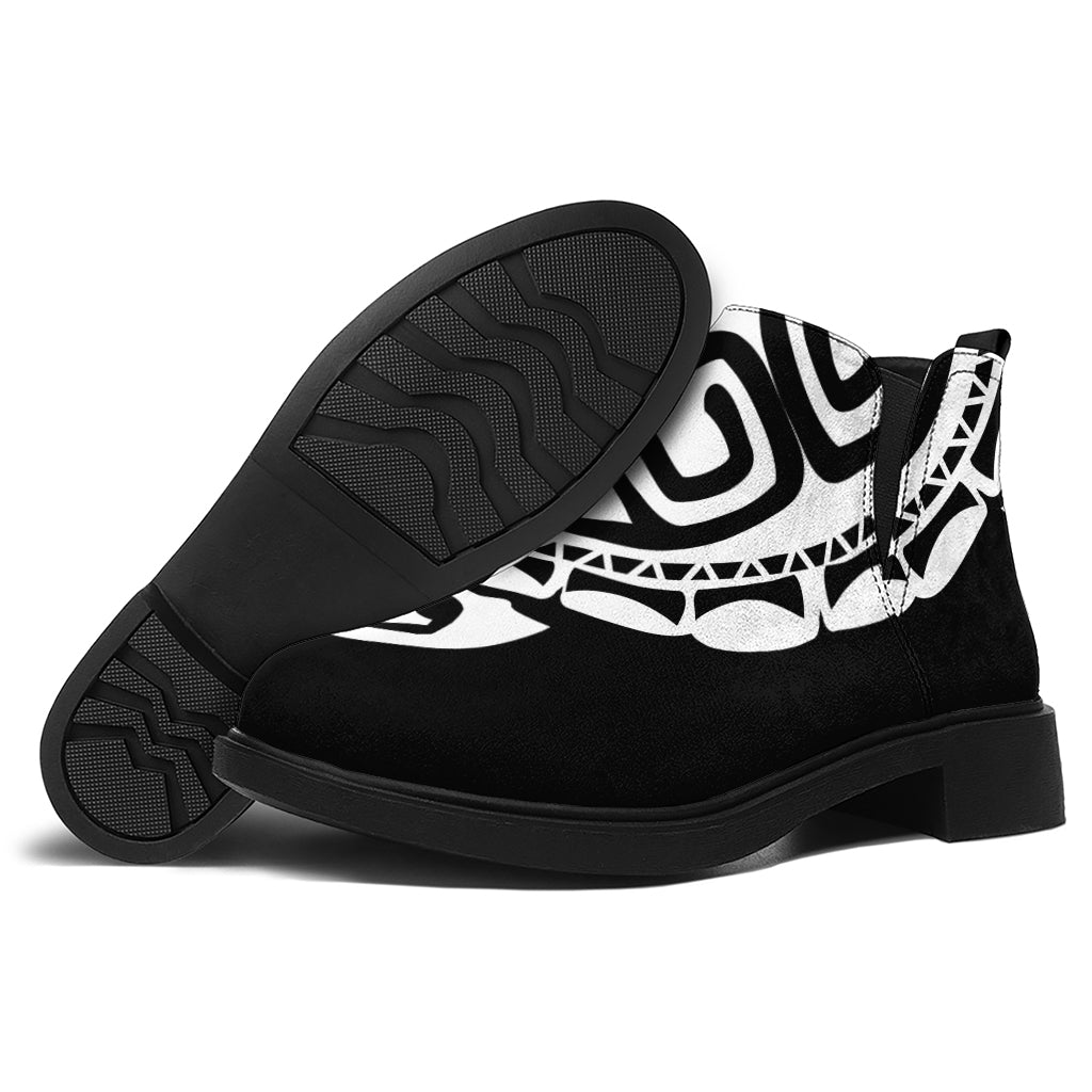Black And White Maori Sea Turtle Print Flat Ankle Boots