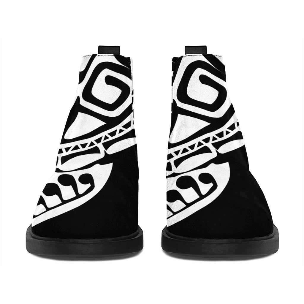 Black And White Maori Sea Turtle Print Flat Ankle Boots