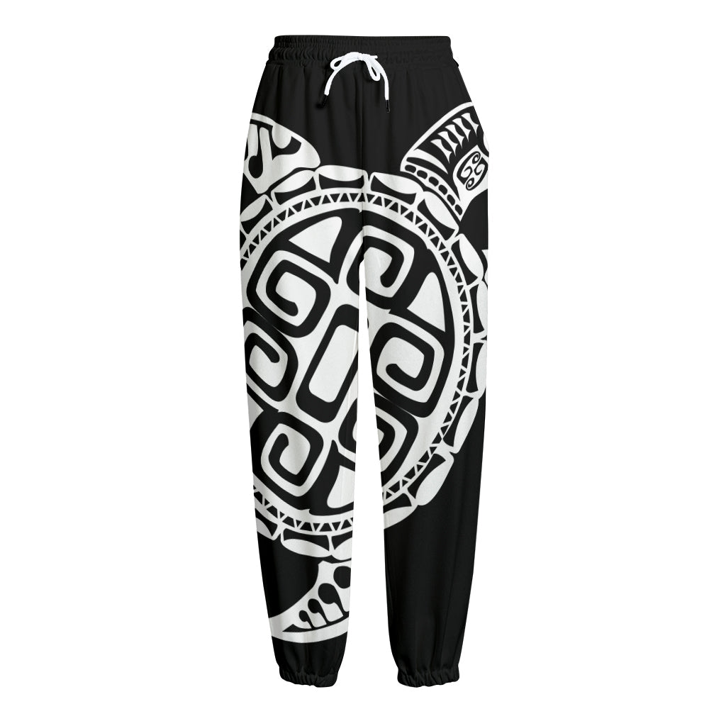 Black And White Maori Sea Turtle Print Fleece Lined Knit Pants