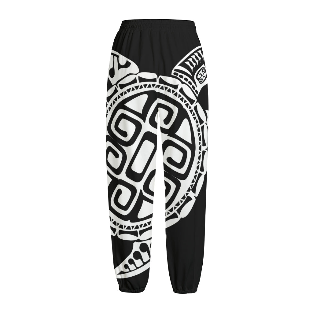 Black And White Maori Sea Turtle Print Fleece Lined Knit Pants