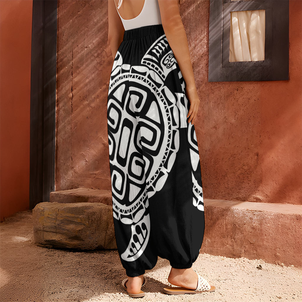 Black And White Maori Sea Turtle Print Harem Pants