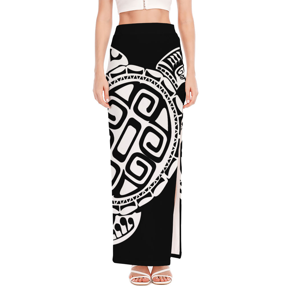 Black And White Maori Sea Turtle Print High Slit Maxi Skirt