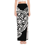 Black And White Maori Sea Turtle Print High Slit Maxi Skirt