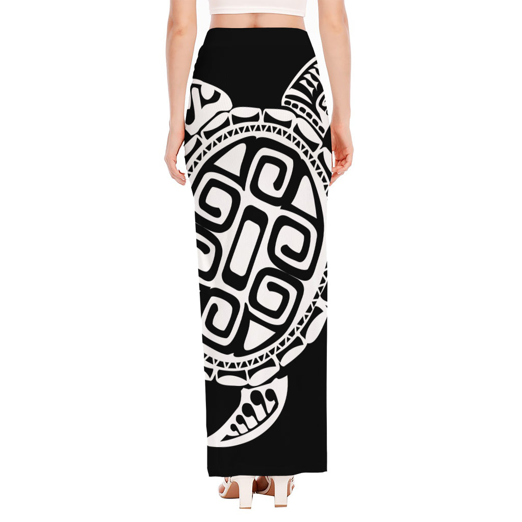 Black And White Maori Sea Turtle Print High Slit Maxi Skirt