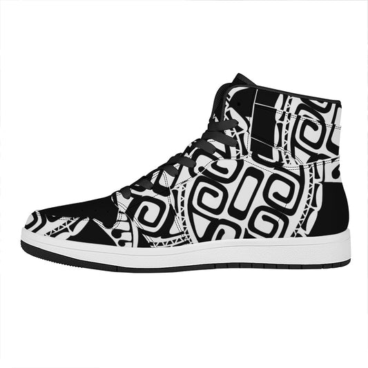 Black And White Maori Sea Turtle Print High Top Leather Sneakers