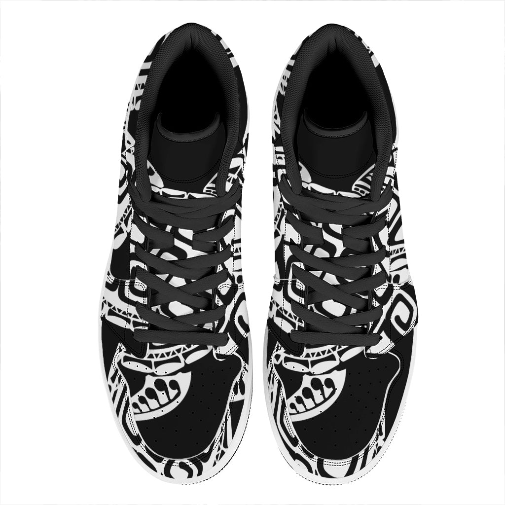Black And White Maori Sea Turtle Print High Top Leather Sneakers