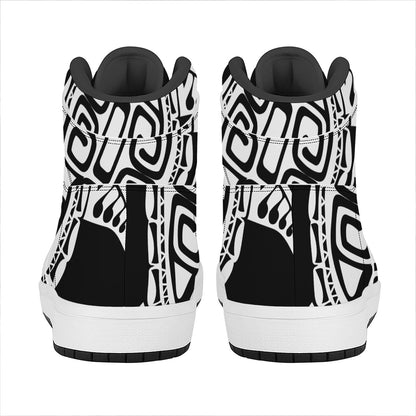 Black And White Maori Sea Turtle Print High Top Leather Sneakers
