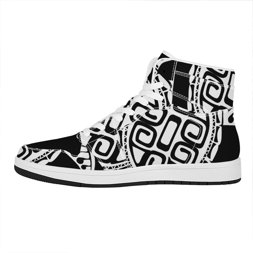 Black And White Maori Sea Turtle Print High Top Leather Sneakers