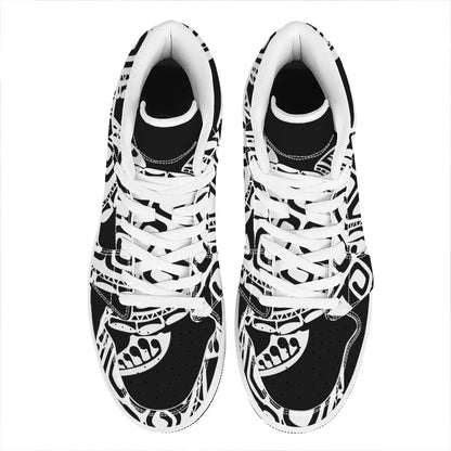 Black And White Maori Sea Turtle Print High Top Leather Sneakers