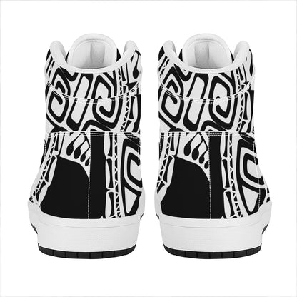 Black And White Maori Sea Turtle Print High Top Leather Sneakers